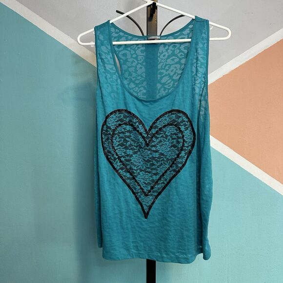 Vanity 2XL Tank Top Womens Plus Size Teal With Cheeta‎ Print Sheer Heart VTG - Picture 1 of 5